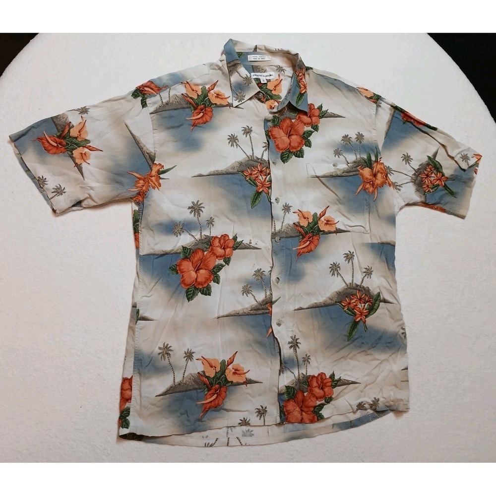 Vtg Pierre Cardin Hawaiian Shirt Mens L Rayon Tropical Hibiscus Palm Tree Beach